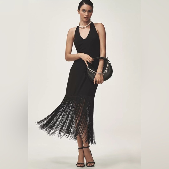 NWT! Anthropologie Hutch Plunge Halter Fringe Knit Midi Dress - Size XL 🐌 - Picture 2 of 5